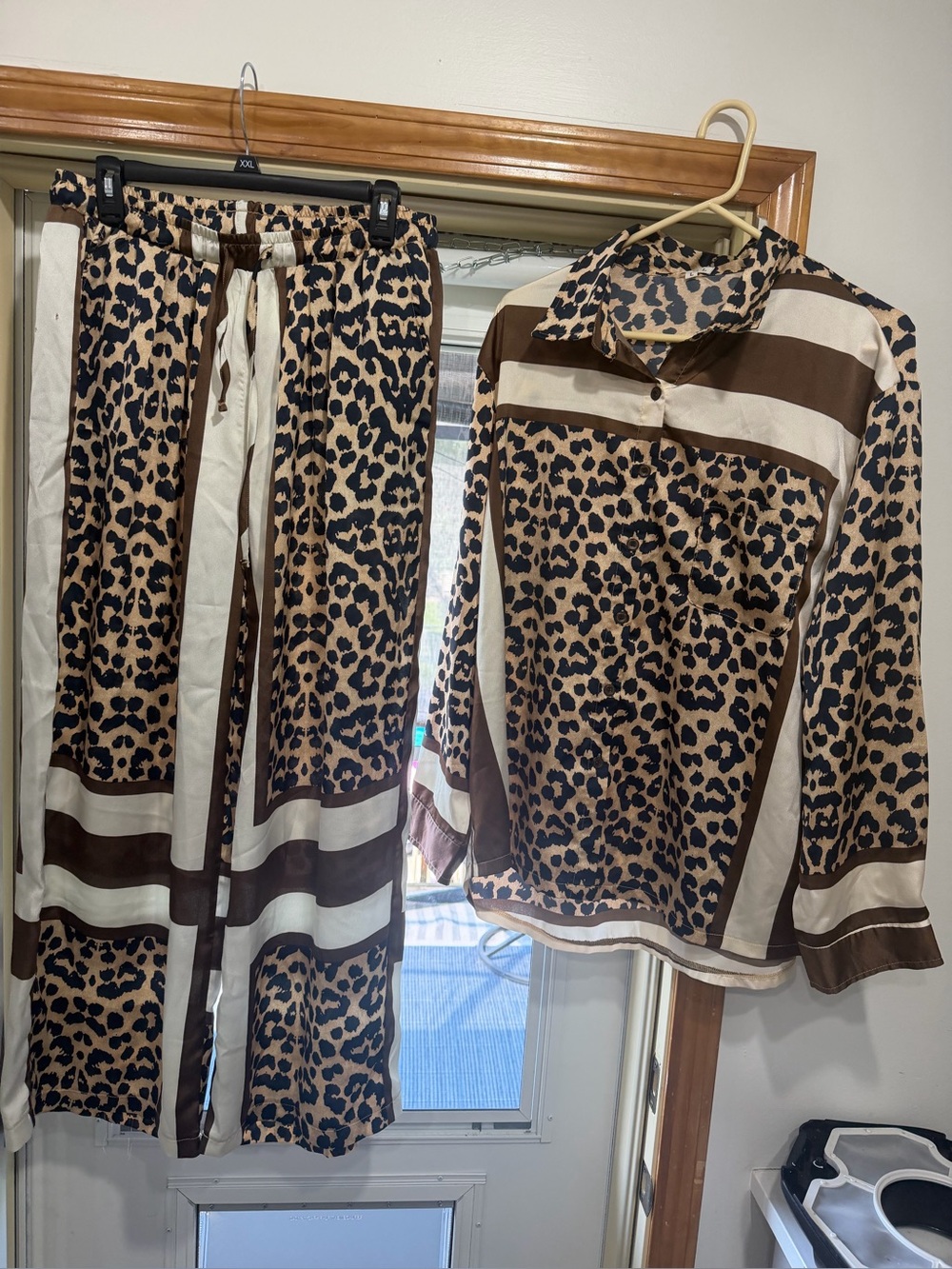 POL Leopard Print Button-Up Shirt and Wide-Leg Pants Set in Brown/Cream